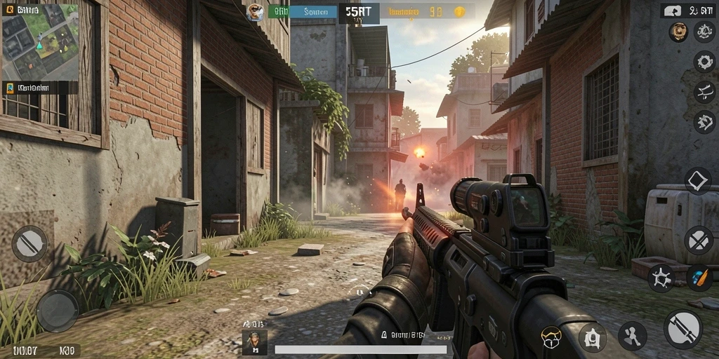Tampilan gameplay intens dalam 55RT dengan aksi tembak-menembak.