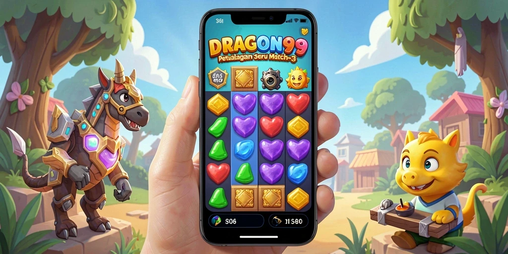 Tampilan gameplay seru dari DRAGON99 saat mencocokkan permata.