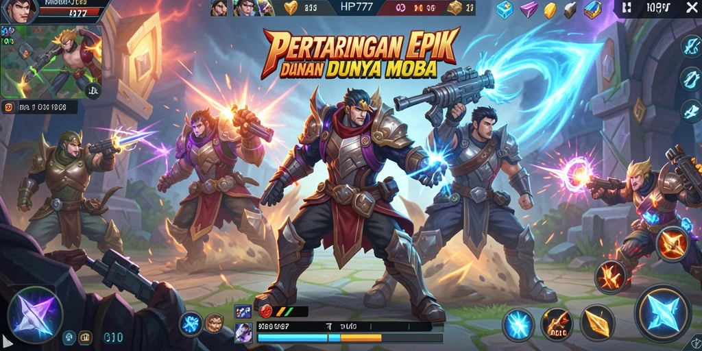Tampilan gameplay seru dalam HP777, menunjukkan aksi pertarungan tim.