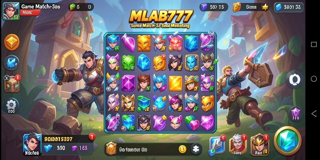Screenshot gameplay MLBB777 dengan elemen Match-3 yang cerah.