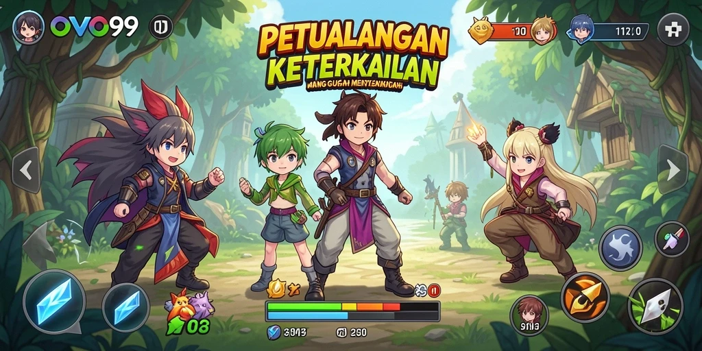 Tampilan gameplay OVO99 yang menampilkan petualangan anime yang seru.